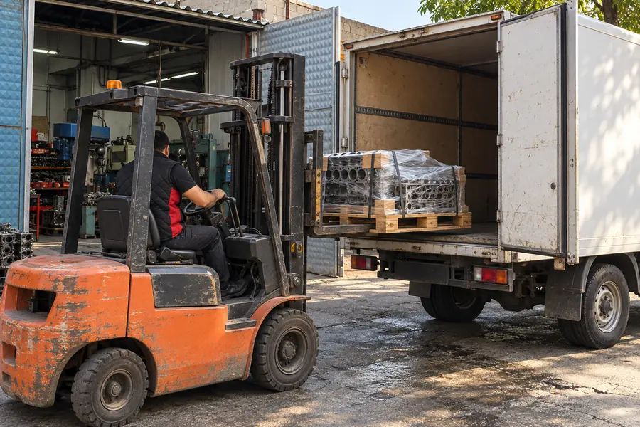 Paletli motor bloğunun kamyona yüklenmesi