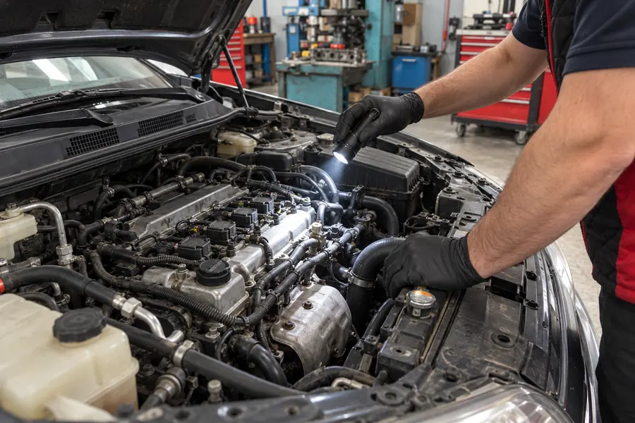 Araç üzerinde motor bölmesini fenerle kontrol eden usta