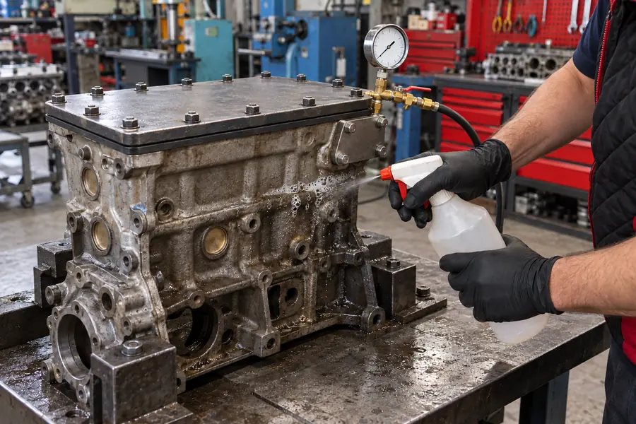 Kanalları kapatılmış motor bloğunda basınçlı çatlak testi