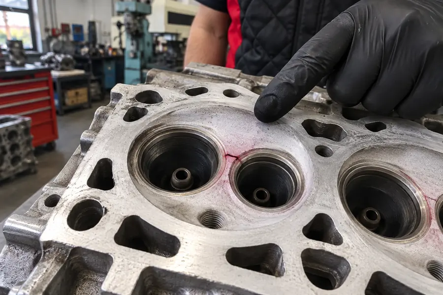 Penetrant kontrolünde iki supap yuvası arasında görünen kılcal çatlak