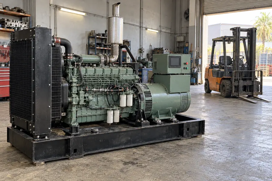 Depoda forklift ve yanında kabini açık jeneratör