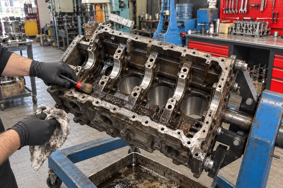 Motor sehpasında temizlenen iş makinesi dizel motor bloğu