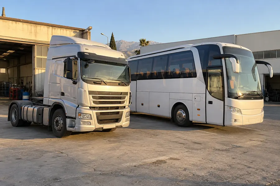 Sanayi sitesinde park etmiş tır çekici ve şehirlerarası otobüs