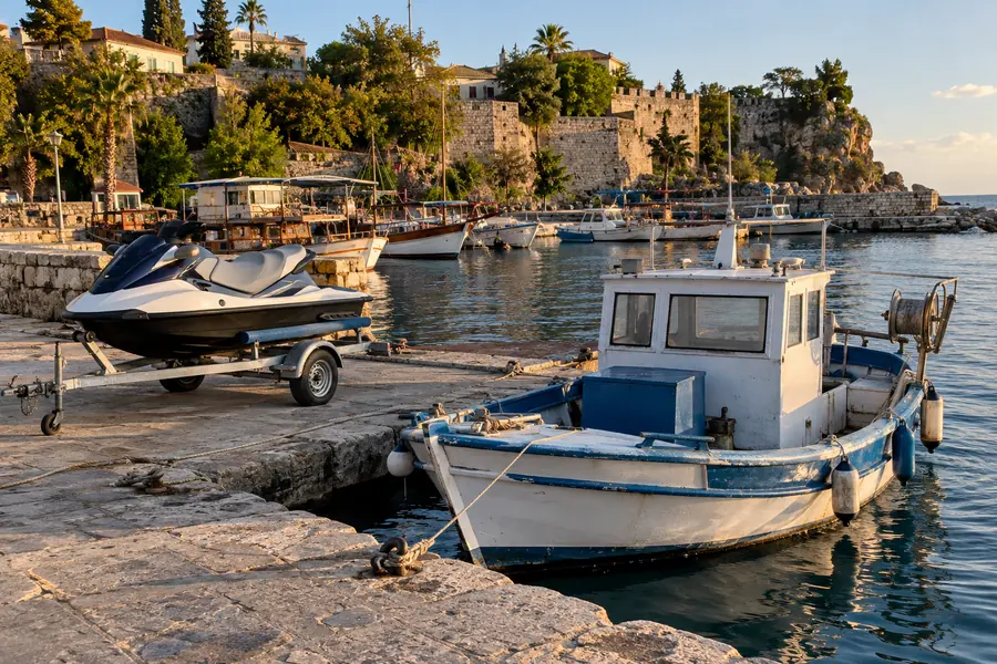 Limanda bağlı küçük balıkçı teknesi ve römorkta jetski