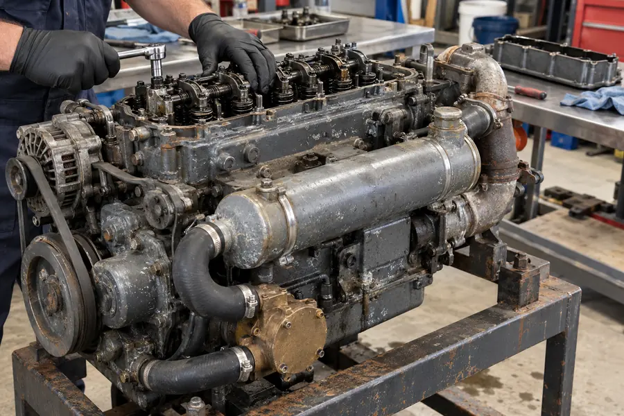 Motor sehpasında sökülen deniz motoru