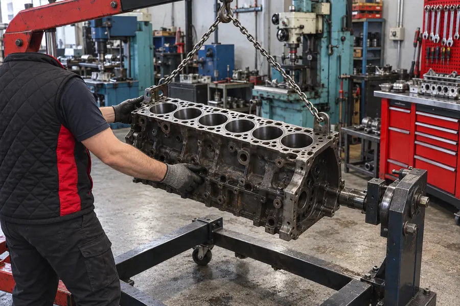 Vinçle motor sehpasına indirilen altı silindirli kamyon motor bloğu