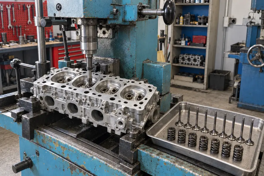 Kapak revizyon tezgâhında silindir kapağı ve sıralı supaplar