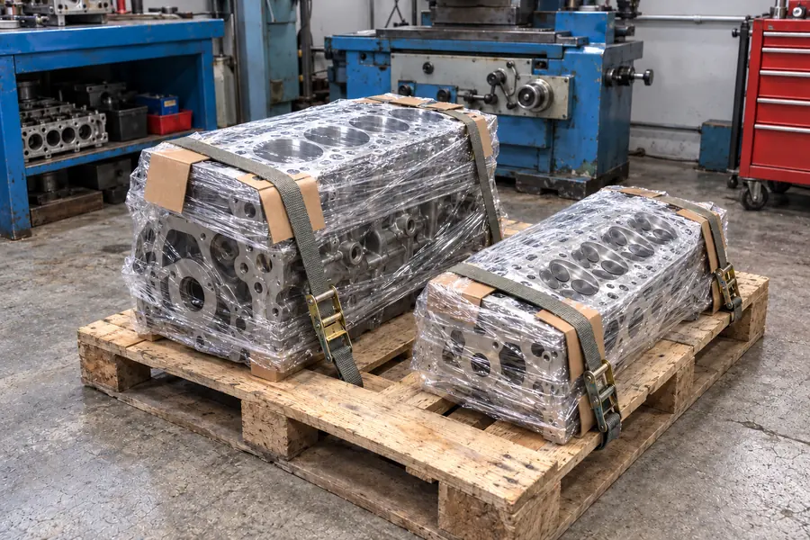 Paketlenmiş motor bloğu ve silindir kapağı, gönderime hazır