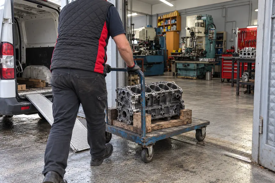 Servis aracının yanında atölyeye alınan motor parçaları