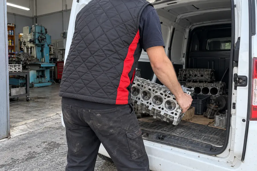 Servis aracının yanında blok ve kapak teslimi yapan atölye çalışanı