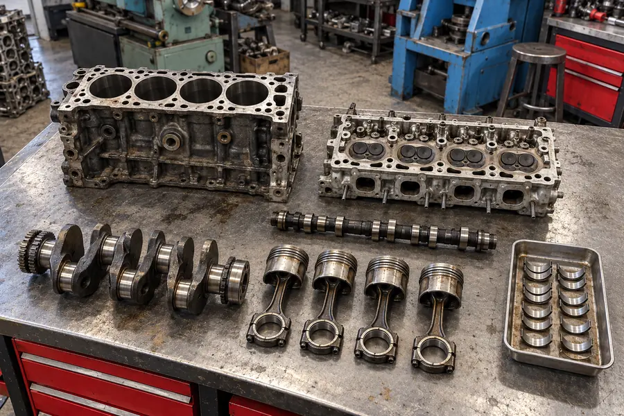 Tezgâhta sırayla dizilmiş sökülmüş motor parçaları