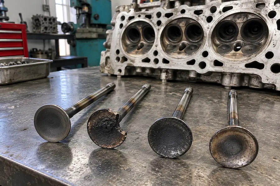 Kapak atölyesinde sökülmüş supaplar ve silindir kapağı